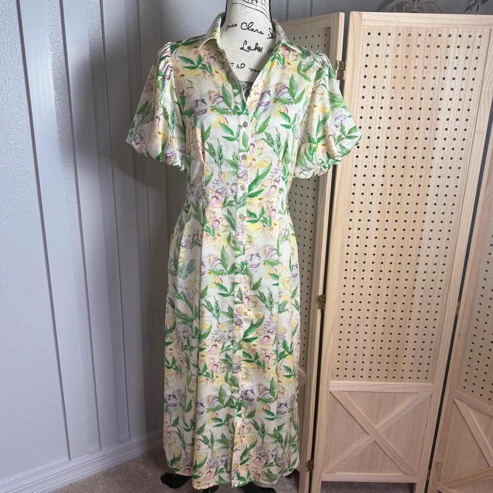 Melloday Cottagecore Floral Midi Dress XS Puff Sleeve Romantic Garden Prairie - Picture 2 of 10